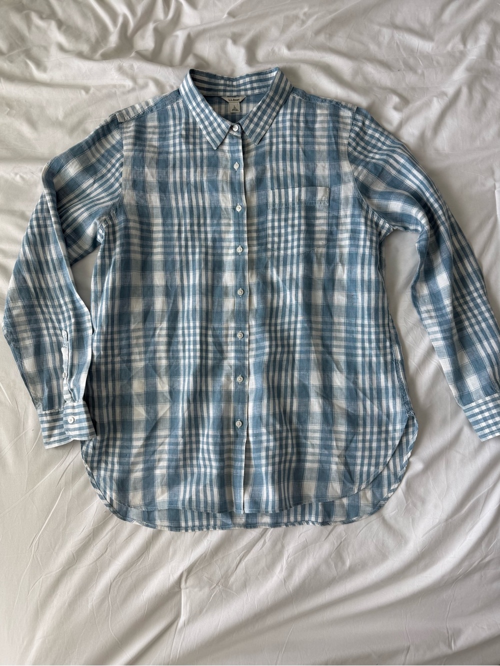 LL Bean Linen Long Sleeve Button Down Shirt Light Blue Plaid Large Lightweight